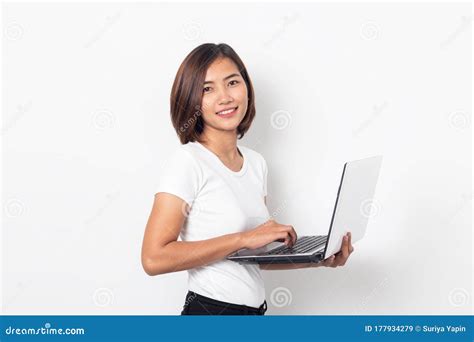 Portrait Asian Young Woman Holding Laptop Computer On White Background