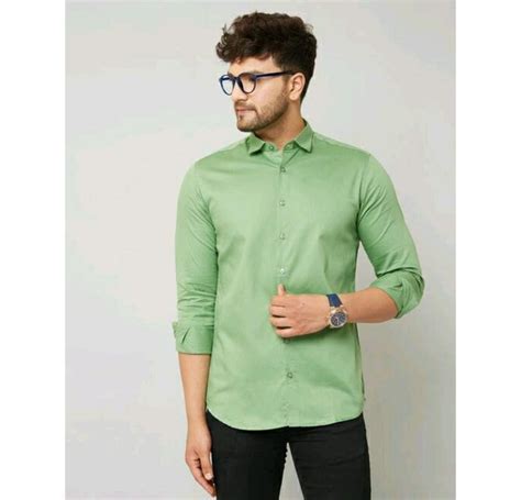 Plain Men Cotton Solid Light Green Shirt Full Sleeves Casual Wear At