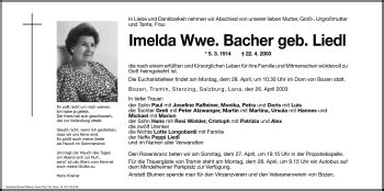 Traueranzeigen Von Imelda Bacher Trauer Bz