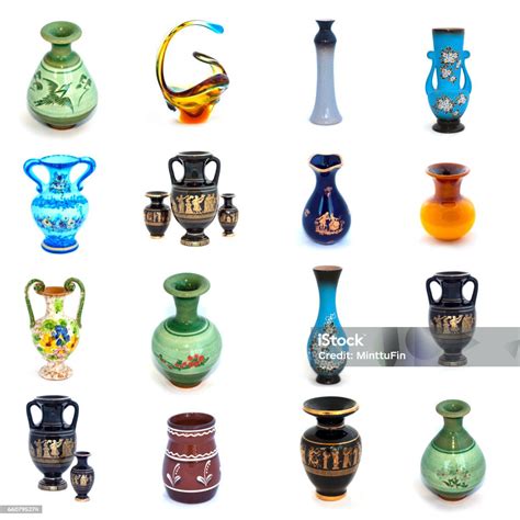 Collage Of Ceramic And Glass Vases Isolated On White Background Stock