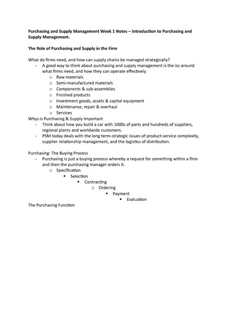 PSM Week 1 Lecture Notes Purchasing And Supply Management Week 1