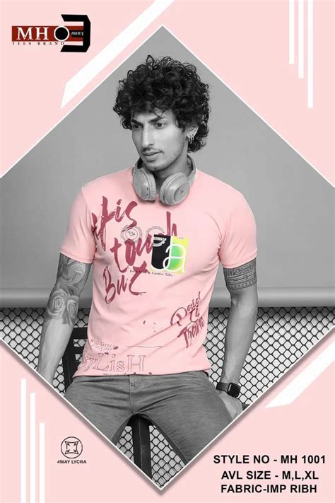 Printed Mh Men Imp Ribh Way Lycra Pink Round Neck T Shirts At Rs