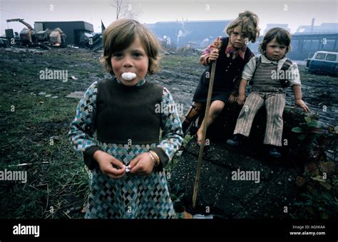 Gypsy Traveller Children On Waste Land Near Steel Works In Sheffield