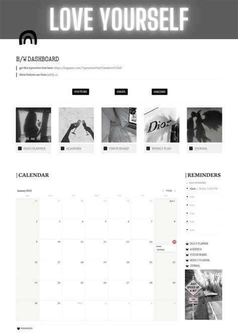 B W Notion Dashboard Template Calendar Reminder New Reminder