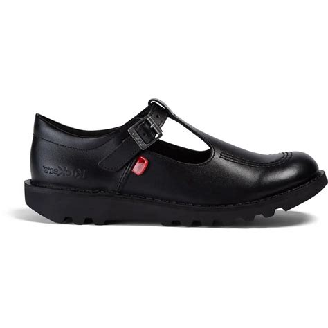 Kickers Junior Kick T Bar Girls School Shoes Black Leather Alive