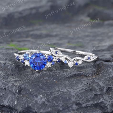 Vintage Sapphire Engagement Ring Set White Gold Engagement Ring Unique Moissanite Diamond Ring ...