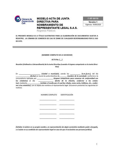 Modelo De Acta De Junta Directiva Para Nombramiento De Representante