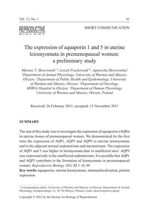 Pdf The Expression Of Aquaporin And In Uterine Leiomyomata