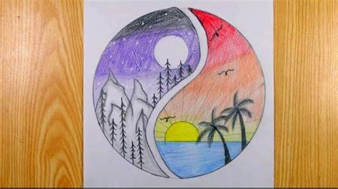 Day And Night Scenery Drawing Circle Scenery Drawing Easy Drawing