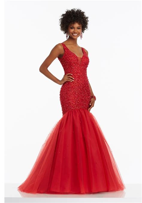 Gorgeous Mermaid V Neck Open Back Red Satin Tulle Beaded Prom Dress