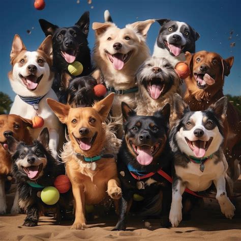 Perros Animados Jugando Con Pelotas De Tenis En La Playa Foto Premium