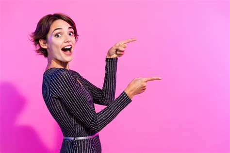 Photo Of Impressed Cheerful Lady Wear Glamour Outfit Pointing Two