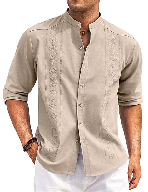 Coofandy Men S Casual Linen Shirts Cuban Guayabera Long Sleeve Beach