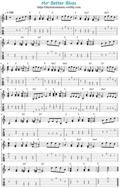 Mo Better Blues Easy Blues Jazz Guitar Tab For Beginners Guitar