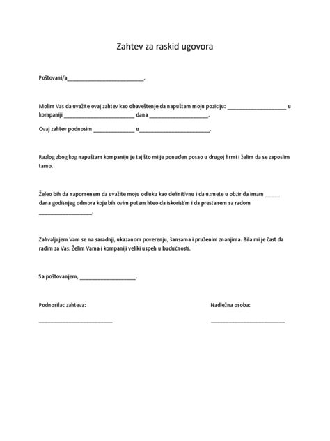 Zahtev Za Raskid Ugovora O Radu Pdf