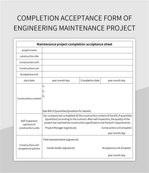 Completion Acceptance Form Of Engineering Maintenance Project Excel