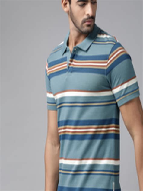 Buy Roadster Men Teal Blue Striped Polo Collar Pure Cotton T Shirt