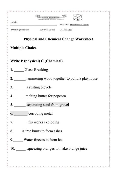 Free Printable Physical And Chemical Properties And Changes Worksheets