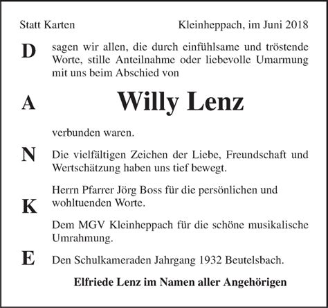 Traueranzeigen Von Willy Lenz Zvw Trauer