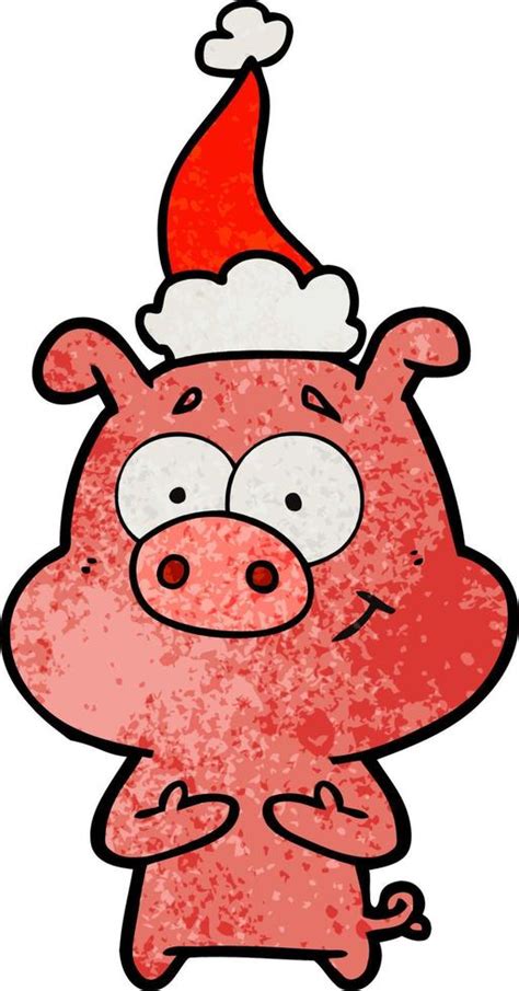 Happy Textured Cartoon Of A Pig Wearing Santa Hat Vector Art