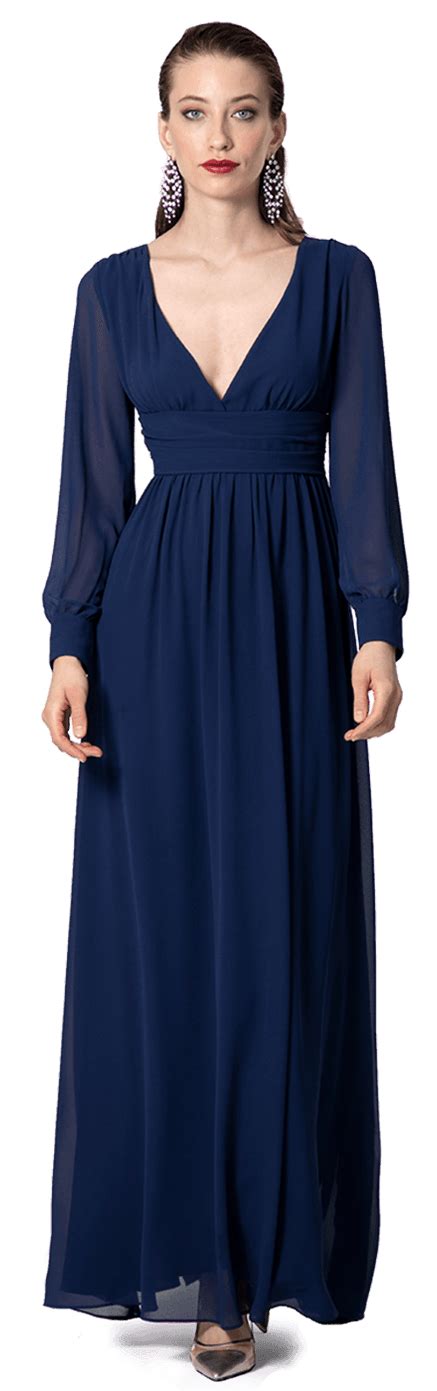 Navy Blue Long Sleeve Deep V Neck Empire Waist Maxi Dress Sumissura