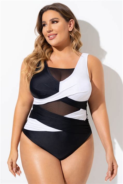 Black White Sexy Cut Out Mesh One Piece Swimsuit Meet Curve Meet