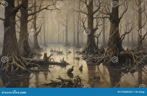 Painting Of A Surreal And Eerie Flooded Forest Stock Illustration