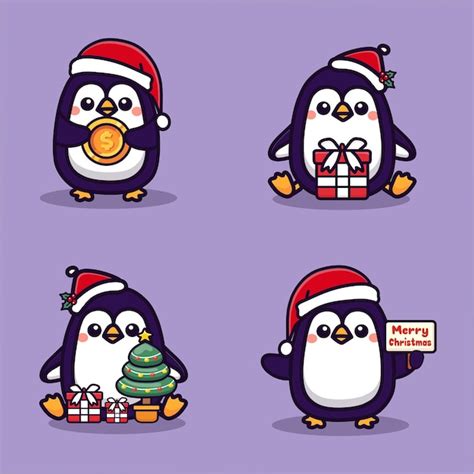 Premium Vector Set Of Cute Penguin Celebrating Christmas Kawaii