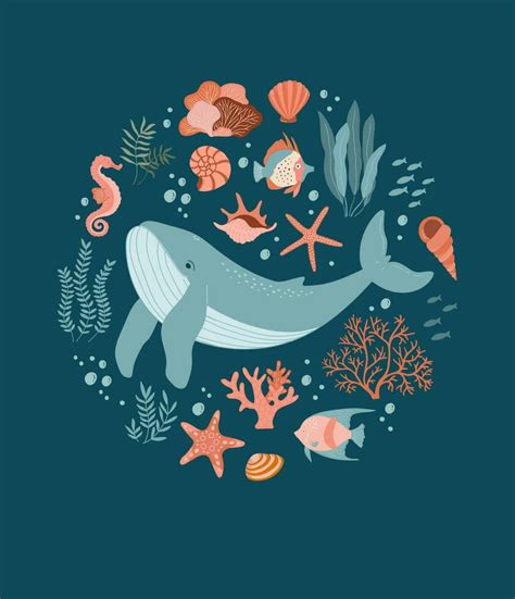 World ocean day poster. Set with hand drawn whale and sea life elements ...