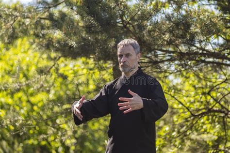 A Male Tai Chi Master Practices Qigong in Nature in a Park Stock Photo ...