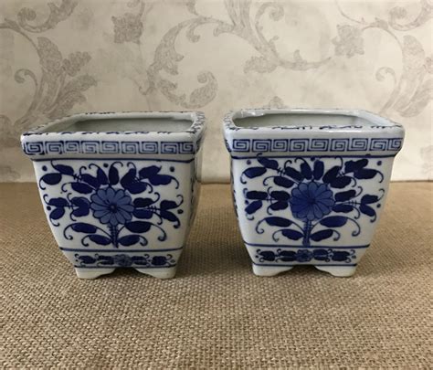 Pair Of Blue And White Asian Style Ceramic Planters Square Floral