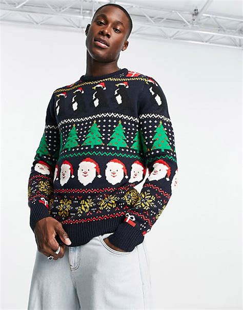 Brave Soul Christmas Crew Neck Sweater In Dark Navy Asos