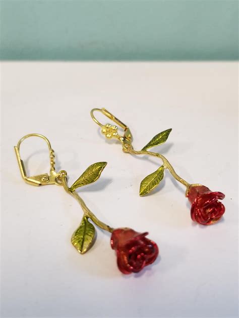 Long Stem Red Roses Earrings Gold Toned LARGER VERSION Behold