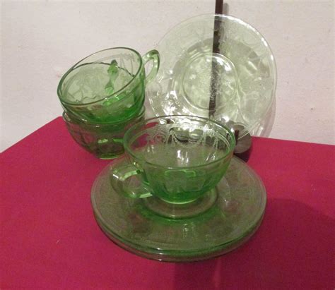 Cameo Ballerina Green Depression Glass Cup And Saucer Sets Lot Of 4 Hocking Antique Price