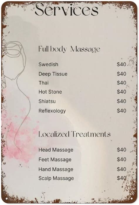 Amazon Massage Price List Templates Printable Pricing Guide