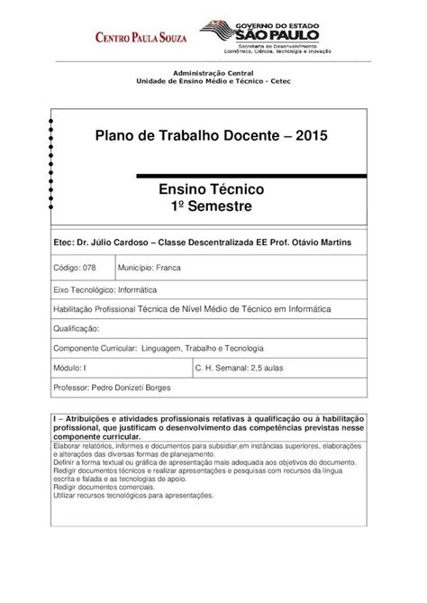 PDF Plano de Trabalho Docente 2015 Ensino Técnico 1º