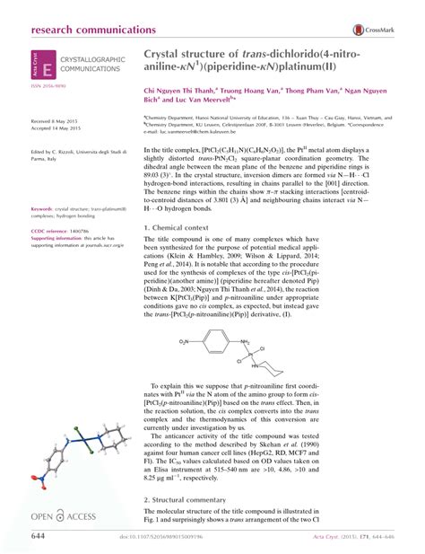 PDF Crystal structure of trans dichlorido 4 nitroaniline κ N 1