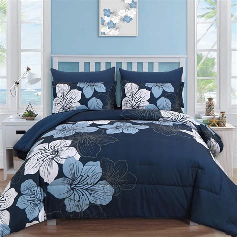 Luxudecor Navy Blue Comforter Set Queen Size 7 Pieces Bed In A Bag