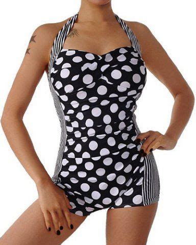 Chic Halter Black And White Polka Dot Printed One Piece Swimwear For