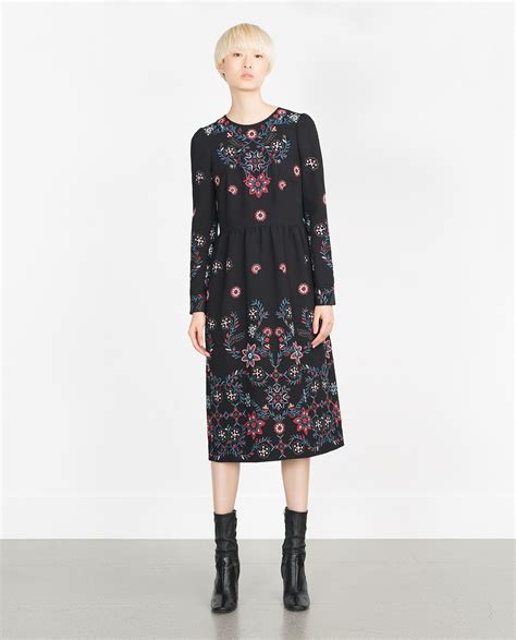 Zara Long Embroidered Dress In Black Lyst