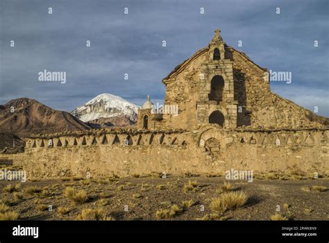 Nevado Sajama, highest peak in Bolivia behing an old church in Sajama ...