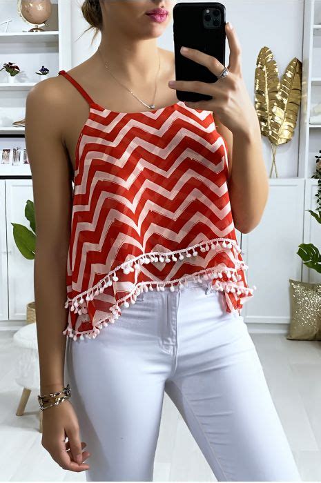 D Bardeur Motif Rouge Et Blanc En Forme De Zigzag Avec Volant Et Mini