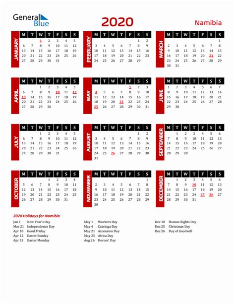 2020 Namibia Calendar With Holidays