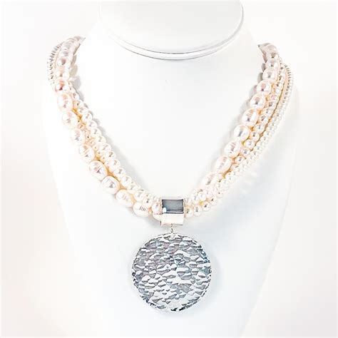 Sterling Hammered Disc Triple Strand White Pearl Necklace Raiford