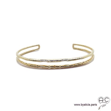 bracelet jonc ouvert double rang plaque or martelé femme tendance