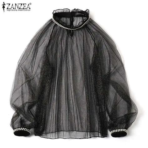 Lantern Sleeve Blouses Zanzea 2020 Sexy Women Crew Neck Sheer Tops See