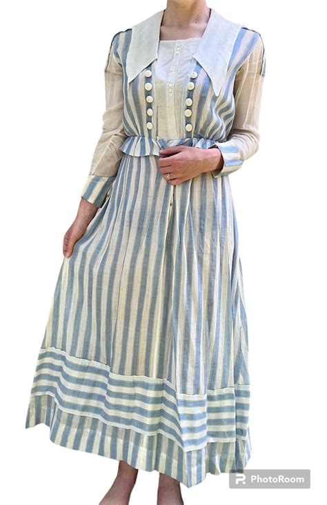 Antique S Edwardian Ww Striped Collar Dress Gem