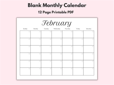 Monthly Blank Calendar, Printable Calendar Template, Horizontal ...