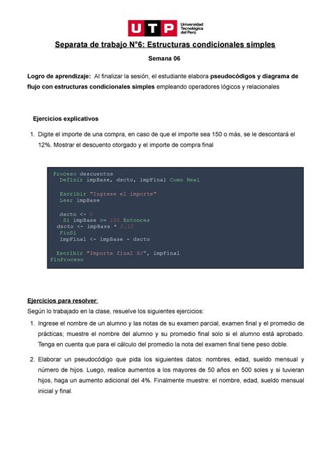 S06 S1 Estructuras Condicionales Simples Separata De Trabajo N6