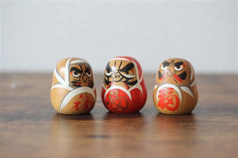 Mini Wooden Daruma Good Fortune Ornament Set Of 3 Japanese Etsy